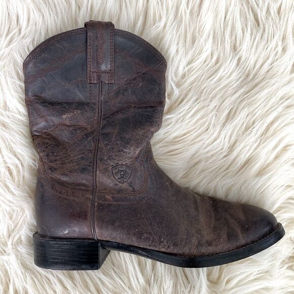 Ariat Brown Leather Stitching Design Block Heel Western Boots Pull On Men’s sz 7 main image 4